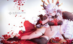 1girl absurdres arm_support asymmetrical_footwear black_boots black_panties black_thighhighs blush boots breasts chinese_commentary commentary_request english_text eyebrows_hidden_by_hair flower full_body garter_straps groin hair_between_eyes highres holding horns l_ract long_hair looking_at_viewer lying navel on_side open_mouth original panties panty_pull petals red_eyes red_flower red_rose rose see-through_clothes simple_background single_thighhigh solo stomach thighhighs underwear uneven_footwear very_long_hair white_background white_hair wings