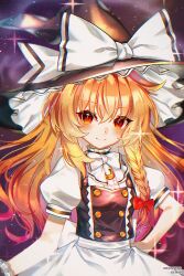 1girl black_hat black_vest blonde_hair blush bow bowtie braid closed_mouth copyright_notice crescent hair_between_eyes halftone hand_on_own_hip hat hat_bow highres kirisame_marisa light_particles long_hair looking_at_viewer nurimas o_eeee_o orange_eyes puffy_short_sleeves puffy_sleeves shirt short_sleeves single_braid smile solo sparkle touhou traditional_bowtie vest white_bow white_bowtie white_shirt witch_hat