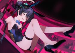 1girl absurdres adapted_costume animal_ears bare_shoulders black_hair black_leotard black_shoes blue_archive blush bow bowtie breasts commentary_request detached_collar dragon_print eco_376124 fake_animal_ears full_body gloves hair_bun hair_ornament high_heels highres holding kisaki_(blue_archive) leotard loli long_hair looking_at_viewer lying official_alternate_costume open_mouth playboy_bunny rabbit_ears shoes smile solo strapless strapless_leotard thighs wrist_cuffs