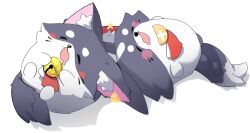 bell blush_stickers closed_eyes commentary_request creature drooling highres hololive jingle_bell kamaboko_(kmm15a) lying mascot miofa_(ookami_mio) mouth_drool no_humans on_back open_mouth shadow simple_background sleeping virtual_youtuber white_background