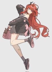 Rule 34 | 1girl, arknights, bandaid, bandaid on leg, bare shoulders, black horns, black jacket, black shoes, chinese commentary, closed mouth, commentary request, corrupted twitter file, eyelashes, full body, gauze, gauze on knee, grey background, grey skirt, grey socks, highres, holding, horns, jacket, long hair, looking at viewer, off shoulder, pink ribbon, purple eyes, red hair, ribbon, shoe soles, shoes, simple background, skirt, socks, solo, surtr (arknights), yixiaoyi