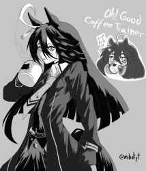 1girl absurdres animal_ears animal_print artist_name belt cat_print character_name chibi chibi_inset coat collared_shirt cup ear_tag earrings gloves grey_background greyscale hair_between_eyes hand_up highres holding holding_cup horse_ears horse_girl horse_tail jewelry long_bangs long_hair_between_eyes manhattan_cafe_(umamusume) mibukyt monochrome mug necktie parted_lips shirt signature simple_background single_earring solo steam tail umamusume