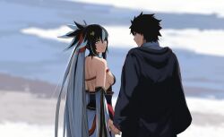 1boy 1girl armor back bare_shoulders black_hair black_robe blue_eyes breasts command_spell detached_sleeves eye_contact fate/grand_order fate_(series) fujimaru_ritsuka_(male) fujimaru_ritsuka_(male)_(mage&#039;s_association_uniform) gold_trim hair_between_eyes halterneck high_ponytail highres holding_hands japanese_armor long_hair looking_at_another medium_breasts multicolored_hair nagao_kagetora_(fate) paperpillar ponytail robe sideboob smile two-tone_hair uesugi_kenshin_(fate) uesugi_kenshin_(third_ascension)_(fate) very_long_hair white_hair wide_sleeves