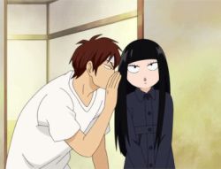 1boy 1girl animated animated_gif arai_kazuichi black_hair blunt_bangs eye_contact indoors kimi_ni_todoke kuronuma_sawako long_hair looking_at_another lowres surprised v_arms whispering