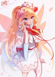 2girls adjusting_hair aged_up back_bow blonde_hair blue_eyes blurry bow bowtie capelet chibi chibi_inset commentary dreaming dress fairy_wings flower hair_flower hair_ornament hat hat_bow highres kaliningradg letty_whiterock light_smile lily_white long_hair looking_at_viewer multiple_girls red_bow red_bowtie red_sash sash sketch symbol-only_commentary touhou very_long_hair white_background white_capelet white_dress white_hat wide_sleeves wings