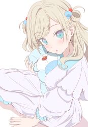 Rule 34 | 1girl, :o, absurdres, blue eyes, blush, ceras yanagida lilienfeld, cube hair ornament, grey hair, hair ornament, hair rings, highres, holding, holding stuffed toy, link! like! love live!, looking at viewer, love live!, morio (mmorio mu), pants, parted lips, puffy short sleeves, puffy sleeves, shell hair ornament, shirt, short sleeves, simple background, solo, stuffed animal, stuffed toy, teddy bear, two side up, virtual youtuber, white background, white pants, white shirt
