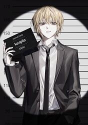 1boy black_eyes black_jacket black_necktie blonde_hair chain chhiii_o_o collared_shirt cowboy_shot english_text greyscale hair_between_eyes hand_in_pocket hand_up height_chart highres holding hunter_x_hunter jacket kurapika long_sleeves looking_at_viewer male_focus monochrome mugshot necktie open_mouth prison shirt solo standing white_shirt