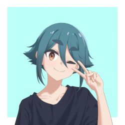1girl aqua_background black_shirt blue_hair border brown_eyes collarbone fang gaoqiaoyuyin_takahashi hashtag-only_commentary highres komada_kako mono_(afro) one_eye_closed outside_border portrait shirt short_hair skin_fang smile solo t-shirt thick_eyebrows v white_border