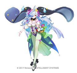 1girl ahoge animal_ears attack bare_shoulders bead_bracelet beads blue_hair blush bracelet breasts copyright_notice crystal detached_sleeves dress eitr_(fire_emblem) eitr_(spring)_(fire_emblem) fake_animal_ears fire_emblem fire_emblem_heroes flower frilled_dress frills full_body goat_horns green_pantyhose hair_flower hair_ornament hair_over_one_eye high_heels horns jewelry leotard long_hair medium_breasts nintendo nontraditional_playboy_bunny official_alternate_costume official_alternate_hairstyle official_art pantyhose rabbit_ears red_eyes semi-transparent_dress siino simple_background small_horns solo strapless strapless_leotard very_long_hair wavy_hair white_background