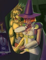Rule 34 | animal ears, arcade, arcade cabinet, capcom, hat, highres, leo (warzard), lion ears, lion mane, red hair, surprised, tabasa, warzard, witch, witch hat