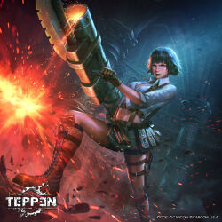 1girl bike_shorts black_hair boots capcom copyright_name devil_may_cry devil_may_cry_(series) devil_may_cry_3 friendhaircut gloves heterochromia highres kalina_ann_(weapon) lady_(devil_may_cry) midriff navel official_art rocket_launcher shirt teppen weapon white_shirt