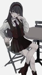 1girl akai_ringo_(eveyuno) black_hair crossed_legs headband highres long_hair long_sleeves looking_to_the_side necktie original pleated_skirt sitting skirt white_background