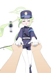 1boy 2girls absurdres black_hat black_jacket black_shoes black_shorts blue_archive buttons closed_eyes commentary double-breasted english_commentary facing_viewer gloves green_hair green_halo halo hat highres hikari_(blue_archive) holding_hands jacket long_hair motion_blur multiple_girls nozomi_(blue_archive) onade open_mouth pantyhose peaked_cap pointy_ears shirt shoes shorts solo_focus spinning twintails white_background white_gloves white_pantyhose white_shirt