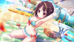 Rule 34 | 1girl, armpits, arms behind head, bandou mikuru, beach, bikini, blanket, blonde hair, blue bikini, blue flower, blue sky, blurry, blurry foreground, blush, bow, bow bikini, breasts, breasts apart, brown hair, bush, closed mouth, cloud, cup, day, deck chair, dot nose, drinking glass, drinking straw, dutch angle, film grain, flower, folding chair, frilled bikini, frills, game cg, izumi tsubasu, lens flare, looking at viewer, multicolored hair, navel, non-circular lens flare, non-web source, ocean, official art, on ground, outdoors, palm tree, print bikini, re:stage!, red bow, red eyes, red flower, round table, short hair, side-tie bikini bottom, sideboob, sky, small breasts, solo, sparkle, star (symbol), star print, starfish, streaked hair, string bikini, sunlight, swimsuit, table, tree, two-tone hair, undressing, yellow flower