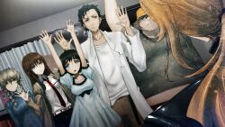 2boys 4girls adam&#039;s_apple amane_suzuha annoyed aqua_eyes arm_belt arms_up beard_stubble belt beret black_bodysuit black_bow black_hair black_shorts black_trim blue_dress blue_eyes blue_jacket bodysuit bow braid breast_pocket breasts brown_hair brown_jacket brown_pants chest_bow coat collar collarbone collared_shirt curtains dress dutch_angle expressionless facial_hair fat fat_man frilled_collar frills from_behind frown future_gadget_lab game_cg green_eyes green_shirt hair_between_eyes hair_over_shoulder hair_tie hands_up hashida_itaru hat high_collar highres huke indoors jacket jacket_partially_removed kiryuu_moeka lab_coat lapels large_breasts latex latex_bodysuit leather_belt long_sleeves makise_kurisu medium_breasts medium_hair messy_hair midriff multiple_boys multiple_girls necktie non-web_source notched_lapels official_art okabe_rintarou pants pink_frills pocket ponytail puffy_short_sleeves puffy_sleeves purple_eyes purple_trim red_belt red_necktie ringed_eyes shiina_mayuri shirt shirt_partially_tucked_in short_sleeves shorts small_breasts square_pupils steins;gate stubble sweat sweatdrop t-shirt tareme track_jacket twin_braids twintails white_belt white_coat white_shirt worried yellow_hat zipper zipper_pull_tab