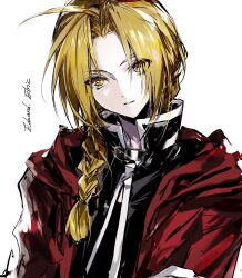 1boy belt_buckle belt_collar black_shirt braid buckle character_name coat collar collared_shirt curtained_hair dot_nose edward_elric fullmetal_alchemist hanaseto high_collar highres hood hooded_coat long_hair male_focus parted_lips popped_collar red_coat shirt side_braid solo upper_body white_background yellow_eyes