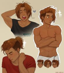 1boy abs absurdres beige_background blush brown_hair cigar closed_mouth crossed_arms dark-skinned_male dark_skin highres invincible_(series) no_shirt open_mouth pectorals ravelte_art red_shirt rex_splode_(invincible) shirt simple_background smoking solo yawning yellow_eyes