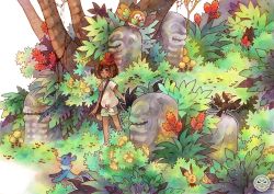 1girl bird blanchelune brown_eyes brown_hair commentary creatures_(company) dark_skin english_commentary game_freak gen_2_pokemon gen_7_pokemon grass litten looking_at_viewer mahalo_trail nintendo pichu pikipek plant pokemon pokemon_(creature) pokemon_sm popplio rowlet selene_(pokemon) shirt short_sleeves shorts standing starter_pokemon_trio tied_shirt