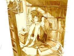 1boy apple bitten_apple blush book bookshelf closed_eyes closed_mouth food food_bite fruit highres indoors kampuzu library limbus_company long_sleeves monochrome project_moon sinclair_(project_moon) sleeping smile solo sweater_vest yellow_theme