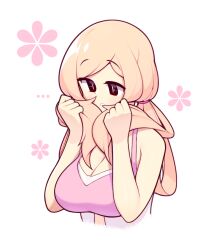 ... 1girl bare_arms bare_shoulders black_eyes blonde_hair bra breasts fizintine holding holding_own_hair large_breasts long_hair low_twintails original pink_bra simple_background solo twintails underwear upper_body vivian_(fizintine) white_background