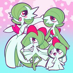 alternate_color artist_name bob_cut bowl_cut colored_skin dress elbow_gloves evolutionary_line gardevoir gen_3_pokemon gloves green_hair green_skin hair_over_one_eye highres horns kirlia mega_gardevoir mega_pokemon nintendo pink_eyes pokemon pokemon_(creature) ralts sidelocks smile star_(symbol) star_symbol_background strapless strapless_dress tonestarr white_dress white_gloves
