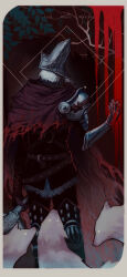 Rule 34 | 1boy, abyss watcher, arm armor, armor, blood, border, cape, chainmail, character name, commentary, cowboy shot, dark souls (series), dark souls iii, english commentary, english text, grey border, helmet, highres, holding, holding sword, holding weapon, jacket, looking at object, male focus, o-ring strap, red cape, short hair, shoulder armor, solo, standing, sword, tworain w, weapon, white hair, wolf