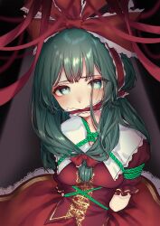 1girl absurdres bdsm bondage bound breasts cleave_gag cloth_gag commentary dress frilled_ribbon frilled_shirt_collar frills front_ponytail gag gagged green_eyes green_hair green_rope hair_ribbon highres improvised_gag kagiyama_hina kidnapping long_hair looking_at_viewer mokokiyo_(asaddr) puffy_short_sleeves puffy_sleeves red_dress red_ribbon red_skirt ribbon rope sad shibari short_sleeves skirt solo symbol-only_commentary touhou