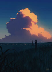 1girl absurdres bird blue_sky chinese_commentary city_lights cloud cumulonimbus_cloud easel evening grass highres horizon huashijw original outdoors rural scenery signature silhouette sky solo standing sunset