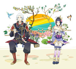 bird black_hair cup floral_print grey_eyes hair_ornament husband_and_wife inahime japanese_clothes kimono long_hair long_sleves obi ponytail purple_eyes sanada_nobuyuki sash sengoku_musou sitting smile teacup white_hair