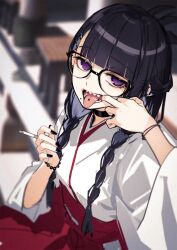 1girl black-framed_eyewear black_hair black_nails blurry blurry_background bracelet braid cigarette commentary_request finger_in_own_mouth fuyuno_yuuki glasses hakama highres holding holding_cigarette japanese_clothes jewelry kimono long_hair looking_at_viewer miko mole mole_under_mouth open_mouth original piercing purple_eyes red_hakama sharp_teeth skirt solo teeth tongue_piercing twin_braids white_kimono