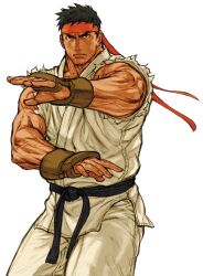 1boy black_hair capcom_vs_snk_2 dougi fighting_stance game_cg headband highres karate_gi male_focus martial_arts_belt muscular muscular_male nishimura_kinu non-web_source official_art outstretched_hand red_headband ryu_(street_fighter) short_hair sleeveless solo street_fighter third-party_source torn_clothes torn_sleeves v-shaped_eyebrows veins veiny_arms white_background