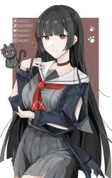Rule 34 | 1girl, animalization, arm cutout, artist name, black cat, black choker, black hair, black jacket, blunt bangs, border, bright pupils, cat, chisa (wuthering waves), choker, closed mouth, collarbone, commentary, cowboy shot, grey shirt, hair ribbon, hand up, highres, jacket, long hair, looking at viewer, neckerchief, person and animalization, red eyes, red neckerchief, red ribbon, ribbon, sailor collar, shirt, smile, solo, very long hair, white border, white pupils, white sailor collar, woraput2205, wuthering waves