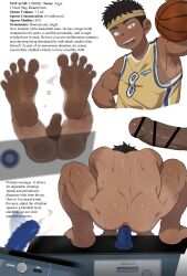 1boy absurdres anal anal_object_insertion ass ball bar_censor basketball_(object) black_hair censored commentary dark-skinned_male dark_skin dildo dildo_riding english_text erection eukio feet foreskin green_eyes grey_eyes headband highres male_focus multiple_views nipple_slip nipples object_insertion original paid_reward_available penis pointless_censoring sex_toy shirt short_hair shota sleeveless sleeveless_shirt squatting tan tanline