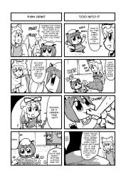 3girls 4koma :3 animal_hat biting bkub chen comic female_focus fish greyscale gyotaku hard-translated hat long_sleeves mob_cap monochrome multiple_4koma multiple_girls multiple_tails mob_cap shoes tail tassel third-party_edit touhou translated wide_sleeves yakumo_ran yakumo_yukari