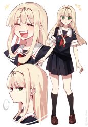 Rule 34 | 1girl, black serafuku, black shirt, black skirt, black socks, blonde hair, blunt bangs, brown shoes, full body, green eyes, hair ribbon, highres, kantai collection, laughing, loafers, looking at viewer, multiple views, pleated skirt, puff of air, ribbon, sailor collar, sailor shirt, school uniform, serafuku, shirt, shoes, simple background, skirt, socks, tsumikitsuki (katsuobushi), upper body, white background, white sailor collar, yuudachi (kancolle)