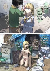 1boy 1girl absurdres blonde_hair blue_eyes box breast_grabbed_from_behind breasts breasts_squeezed_together cardboard_box ewokakuni exhibitionism highres homeless hypnosis mind_control outdoors phone public_indecency tent
