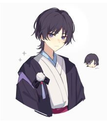 Rule 34 | 1boy, black hair, black haori, black sleeves, blue kimono, blunt ends, closed mouth, clothing cutout, cropped torso, disembodied hand, expressionless, eyeliner, eyeshadow, genshin impact, haori, haori himo, highres, japanese clothes, juban, kimono, layered sleeves, looking at viewer, makeup, male focus, purple eyes, purple sleeves, red eyeliner, red eyeshadow, red sash, reido 0723, sash, scaramouche (genshin impact), shoulder cutout, solo, star (symbol), tongue, tongue out, tsurime, v-shaped eyebrows, white background, white kimono, wispy bangs