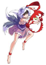1girl animal_ears anklet barefoot bear_trap commentary_request dairi dog_ears dog_tail foot_up frilled_skirt frills from_side full_body grey_hair jewelry light_smile looking_ahead mitsugashira_enoko multicolored_hair multiple_tails open_mouth outstretched_arm outstretched_hand partially_shaded_face pink_skirt purple_hair purple_shirt reaching red_eyes shirt short_hair skirt solo streaked_hair tachi-e tail touhou transparent_background