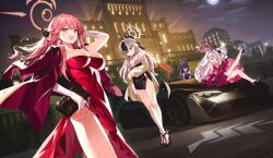 4girls absurdres aru_(blue_archive) aru_(dress)_(blue_archive) bare_legs black_dress black_hair blue_archive breasts building car dress frilled_dress frills haruka_(blue_archive) haruka_(dress)_(blue_archive) high_heels highres horns kayoko_(blue_archive) kayoko_(dress)_(blue_archive) large_breasts looking_at_viewer luvents3 moon motor_vehicle multicolored_hair multiple_girls mutsuki_(blue_archive) mutsuki_(dress)_(blue_archive) night night_sky purple_dress purple_hair red_dress sitting sky small_breasts standing twitter two-tone_hair white_hair