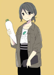 1girl bad_id bad_pixiv_id black_eyes black_hair character_request copyright_request daikon female_focus radish simple_background solo tomo_(sjim)