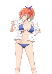 1girl absurdres aqua_hair bikini blue_bikini bow breasts closed_eyes closed_mouth gradient_hair hair_bow halterneck highres hololive hololive_english joko_jmc large_breasts multicolored_hair open_clothes open_shirt orange_hair ponytail shirt short_ponytail simple_background solo string_bikini swimsuit takanashi_kiara tearing_clothes torn_clothes torn_shirt virtual_youtuber white_background white_shirt