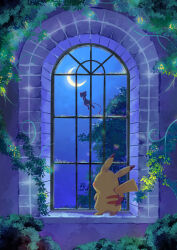 absurdres commentary_request creatures_(company) crescent_moon from_behind game_freak gen_1_pokemon highres legendary_pokemon mew_(pokemon) moon mythical_pokemon night night_sky nintendo no_humans pikachu plant pokemon pokemon_(creature) sky standing star_(sky) starry_sky tree window yingyemao