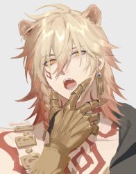 Rule 34 | 1boy, akabane yu, animal ears, black coat, blonde hair, braid, chest tattoo, clawed gauntlets, coat, earrings, facial tattoo, gold earrings, gold necklace, gradient hair, hair between eyes, honkai: star rail, honkai (series), jewelry, lion boy, lion ears, looking at viewer, male focus, medium hair, multicolored hair, mydei (honkai: star rail), necklace, open clothes, open coat, open mouth, red hair, red tattoo, side braid, simple background, solo, tattoo, white background, yellow eyes