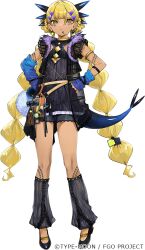 1girl aged_down belt black_shirt black_shorts blonde_hair blue_arm_warmers body_markings braid braided_twintails clothing_cutout dark-skinned_female dark_skin dragon_girl dragon_horns dragon_tail earrings facial_mark fate/grand_order fate_(series) full_body gold_armlet hair_ornament hairclip horns indra_no_dai_shiren jewelry la-na lace-trimmed_shorts lace_trim leg_warmers long_hair looking_at_viewer official_art shirt shoes shorts side_labret_piercing solo standing tachi-e tail transparent_background vritra_(fate) yellow_eyes