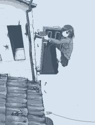 1girl attempted_suicide between_legs blazer building clinging closed_mouth empty_eyes expressionless hamsterfragment hands_up holding industrial_pipe jacket jaggy_lines long_sleeves medium_hair monochrome no_pupils no_shoes original outdoors over-kneehighs pebble pleated_skirt power_drill power_tool roof school_uniform screw screwdriver sign skirt solo string suicidal_girl_(hamsterfragment) thighhighs
