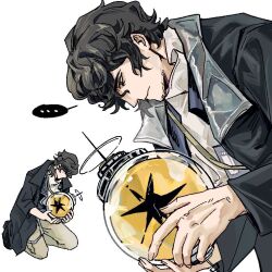 Rule 34 | ..., 2boys, black hair, enigma (reverse:1999), ferrofluid, fishbowl helmet, full body, grey pants, helmet, holding, holding helmet, kneeling, looking at object, looking down, male focus, multiple boys, pants, reverse:1999, short hair, sigui fgs, speech bubble, spoken ellipsis, ulrich (reverse:1999), upper body, white background