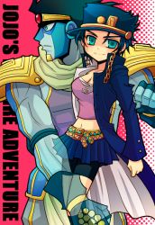 Rule 34 | 1girl, aqua eyes, artist request, bad id, bad pixiv id, banchou, belt, bike shorts, blue hair, breasts, chain, cleavage, delinquent, fingerless gloves, gakuran, genderswap, genderswap (mtf), gloves, hat, jojo no kimyou na bouken, kuujou joutarou, long coat, looking at viewer, medium breasts, midriff, miniskirt, navel, pleated skirt, sarashi, sarashi under clothes, school uniform, serafuku, shorts, shorts under skirt, shoulder pads, skirt, smile, stand (jojo), star platinum