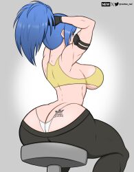 1girl ass ass_tattoo blue_hair bodypaint breasts butt_crack chair curvy female_focus from_behind gloves highres huge_ass large_breasts leather leggings leona_heidern long_hair pale_skin panties pants ponytail queen shirt sitting solo tank_top tattoo the_king_of_fighters thick_thighs thighs tight_clothes tight_pants underboob underwear vertex_nei whale_tail_(clothing) white_panties wide_hips yellow_shirt yoga_pants
