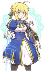 1girl ahoge artoria_pendragon_(fate) blonde_hair blue_dress braid braided_bun dress fate/stay_night fate_(series) green_eyes hair_bun hair_ribbon honkai:_star_rail honkai_(series) invisible_air_(fate) long_sleeves looking_at_viewer pantyhose ribbon saber_(fate) saber_(honkai:_star_rail)_(fate) sidelocks smile solo sword tsuchiya_madose weapon white_background
