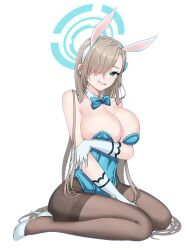1girl absurdres animal_ears arm_under_breasts asuna_(blue_archive) asuna_(bunny)_(blue_archive) asymmetrical_bangs bare_shoulders between_legs blue_archive blue_bow blue_bowtie blue_eyes blue_leotard bow bowtie breast_lift breasts cleavage detached_collar elbow_gloves fake_animal_ears full_body gloves hair_over_one_eye halo hand_between_legs high_heels highleg highleg_leotard highres holding_chest large_breasts legs leotard light_brown_hair long_hair looking_at_viewer mole mole_on_breast official_alternate_costume pantyhose parted_lips playboy_bunny rabbit_ears ralac simple_background sitting smile solo strapless strapless_leotard thighband_pantyhose thighs traditional_bowtie very_long_hair wariza white_background white_footwear white_gloves